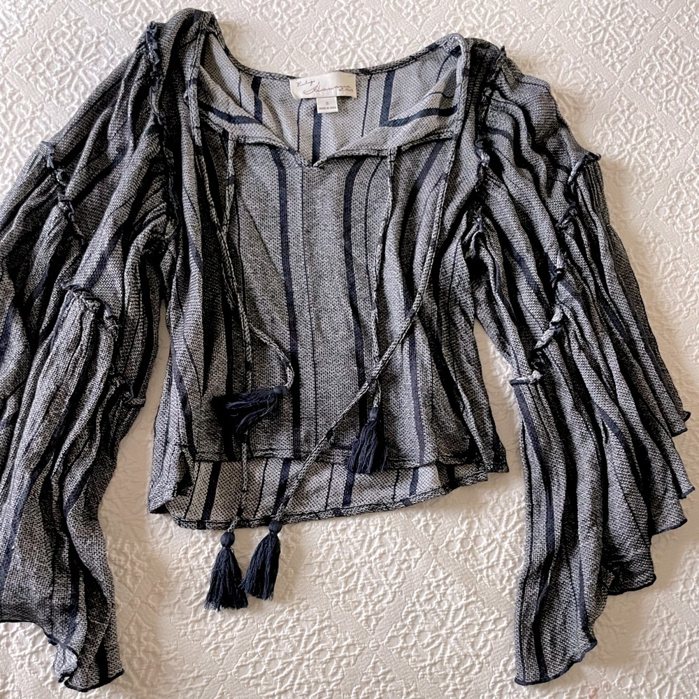 Vintage Havana Navy Print Top with Bell Sleeves - EUC sz S